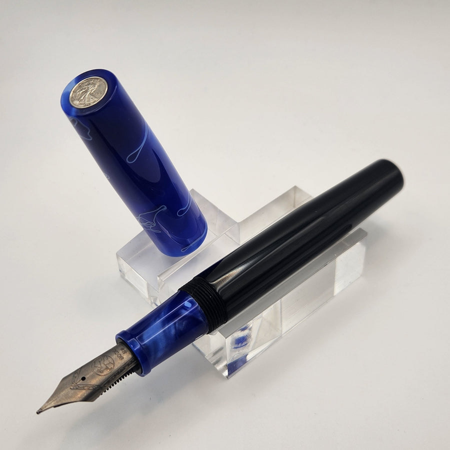 "Blue with White Swirl" and Black Ebonite - Liberty Fountain Pen - 8 Nib - DaveDollarCustomPens
