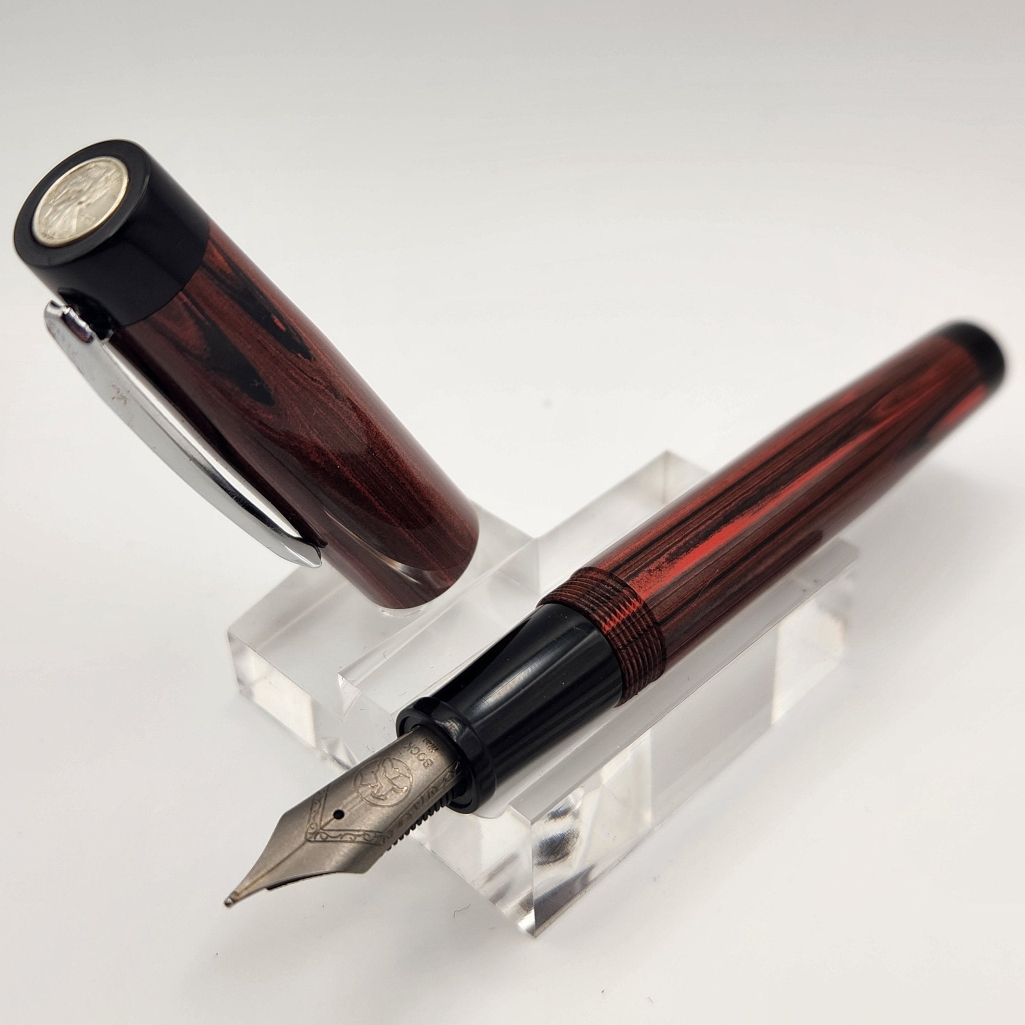 "Strawberry & Black Ebonite" - Liberty Fountain Pen with Clip #8 Nib - DaveDollarCustomPens