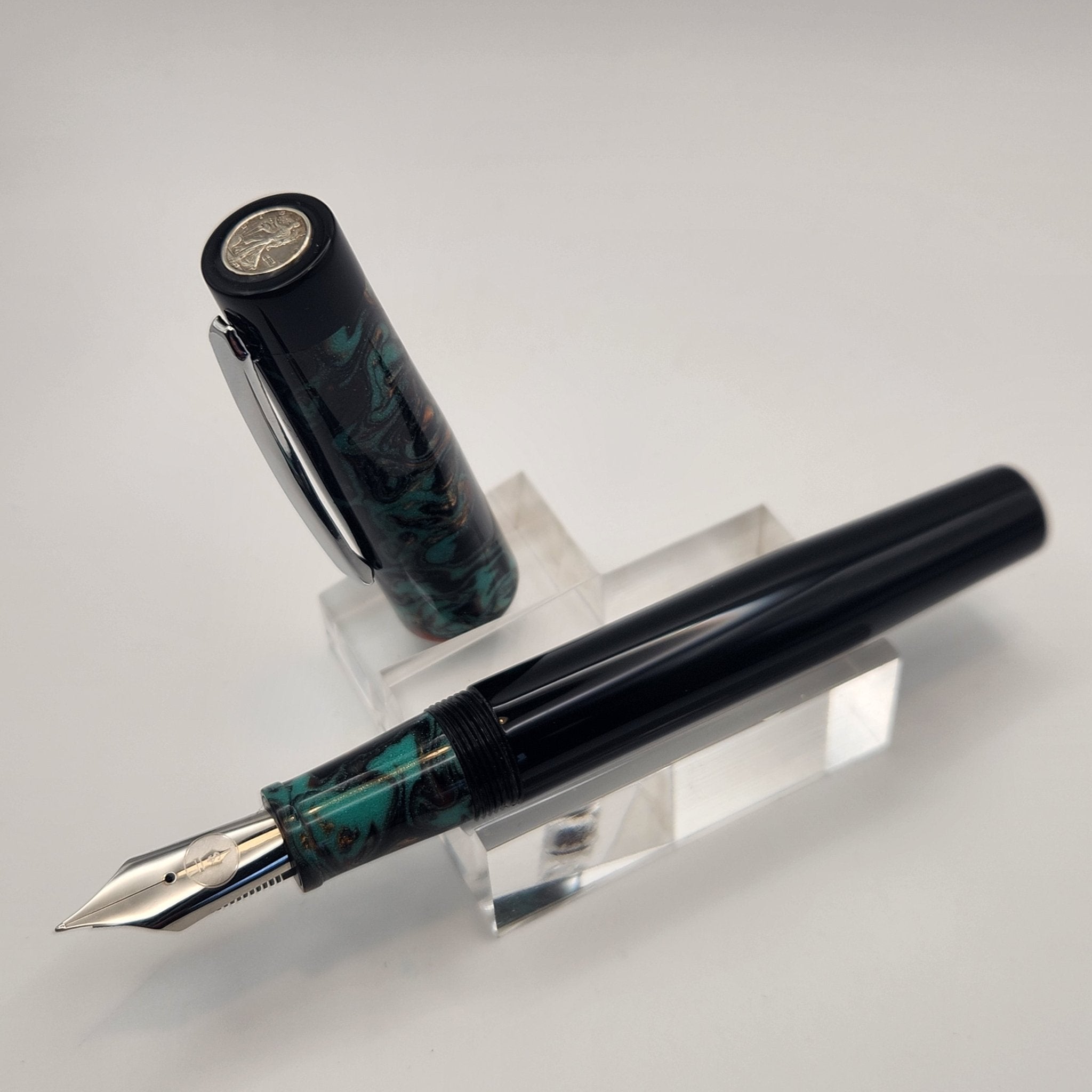 "Teal & Copper" and Black Acrylic - Liberty Fountain Pen - 8 Nib with clip - DaveDollarCustomPens