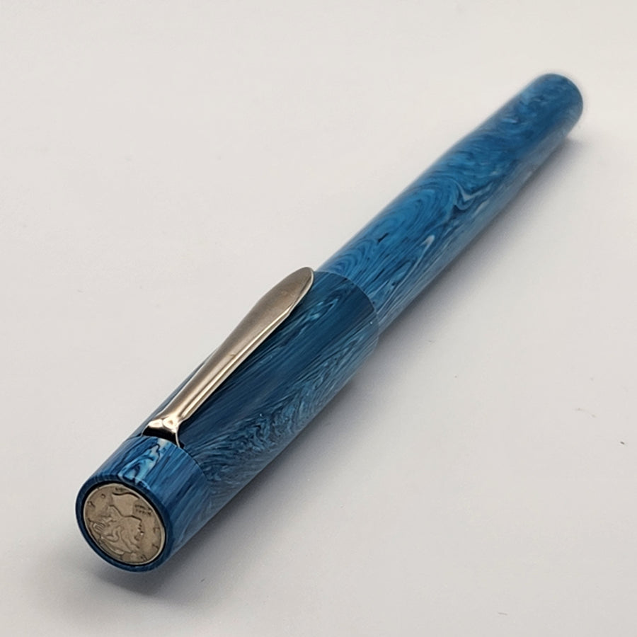 Long Mercury Pocket Fountain Pen - Blue Swirl Juma - clip