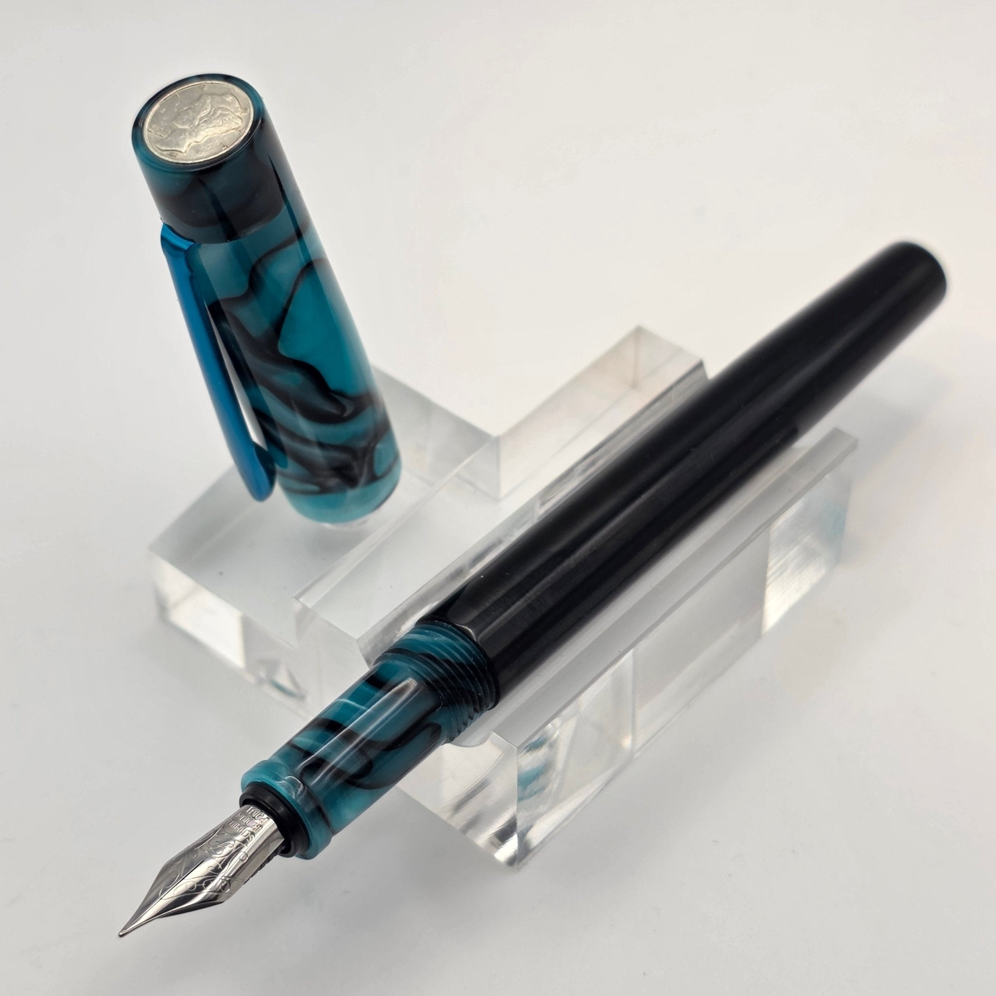 "Blue and Black Acrylic and Black Ebonite" - Mercury Convertible Fountain Pen / Rollerball - DaveDollarCustomPens