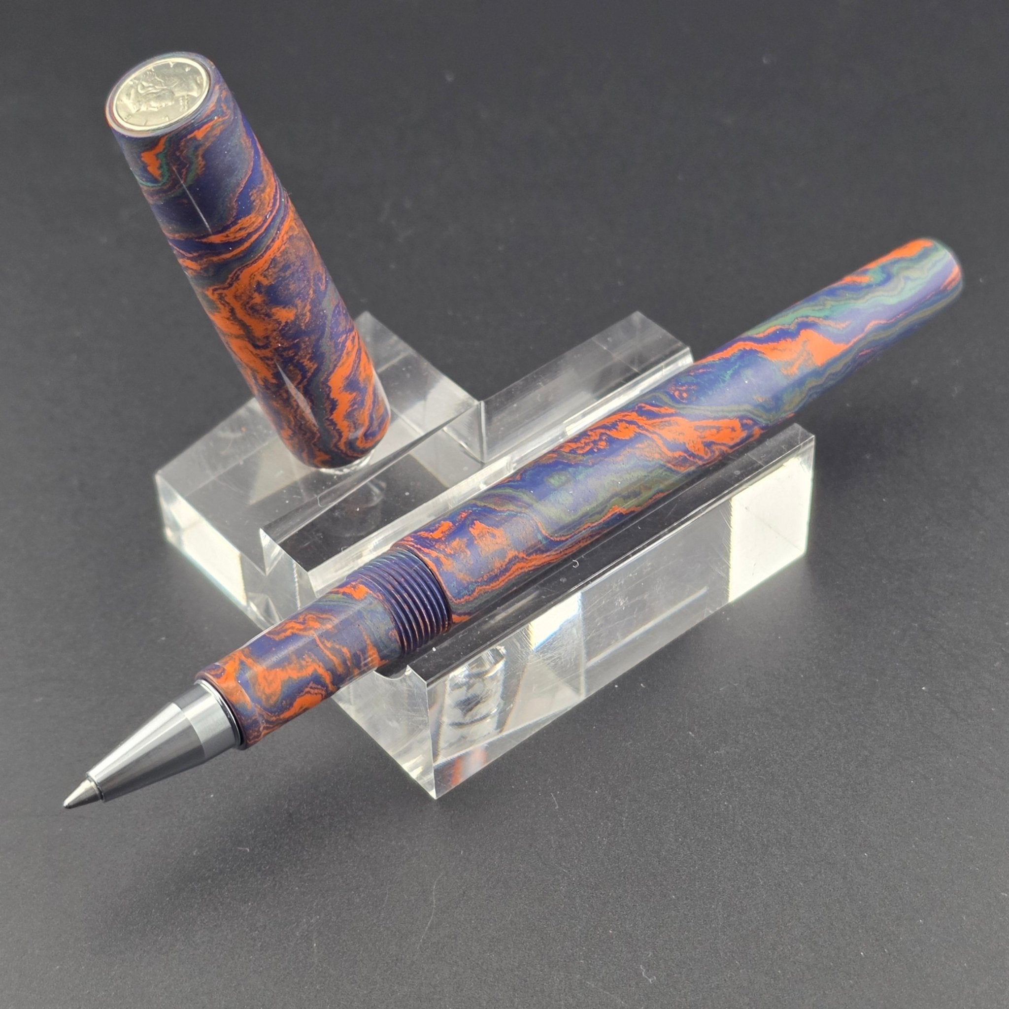 “Blue, Orange & Green” Ebonite - Mercury Convertible Fountain Pen / Rollerball - DaveDollarCustomPens