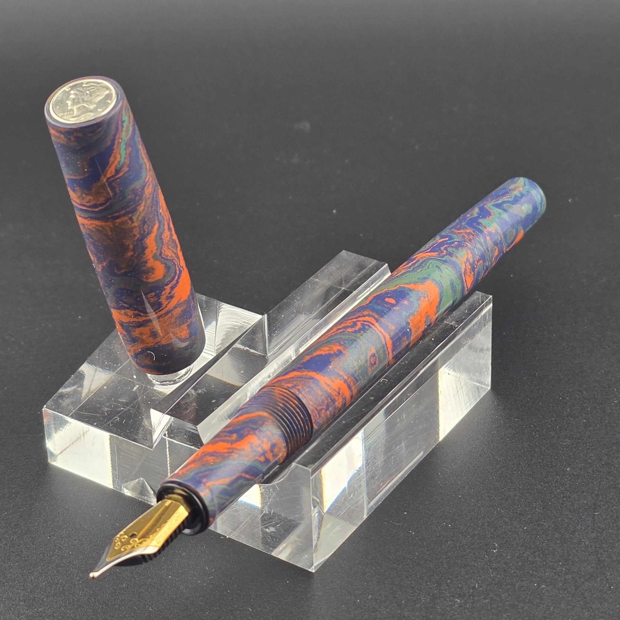 “Blue, Orange & Green” Ebonite - Mercury Convertible Fountain Pen / Rollerball - DaveDollarCustomPens