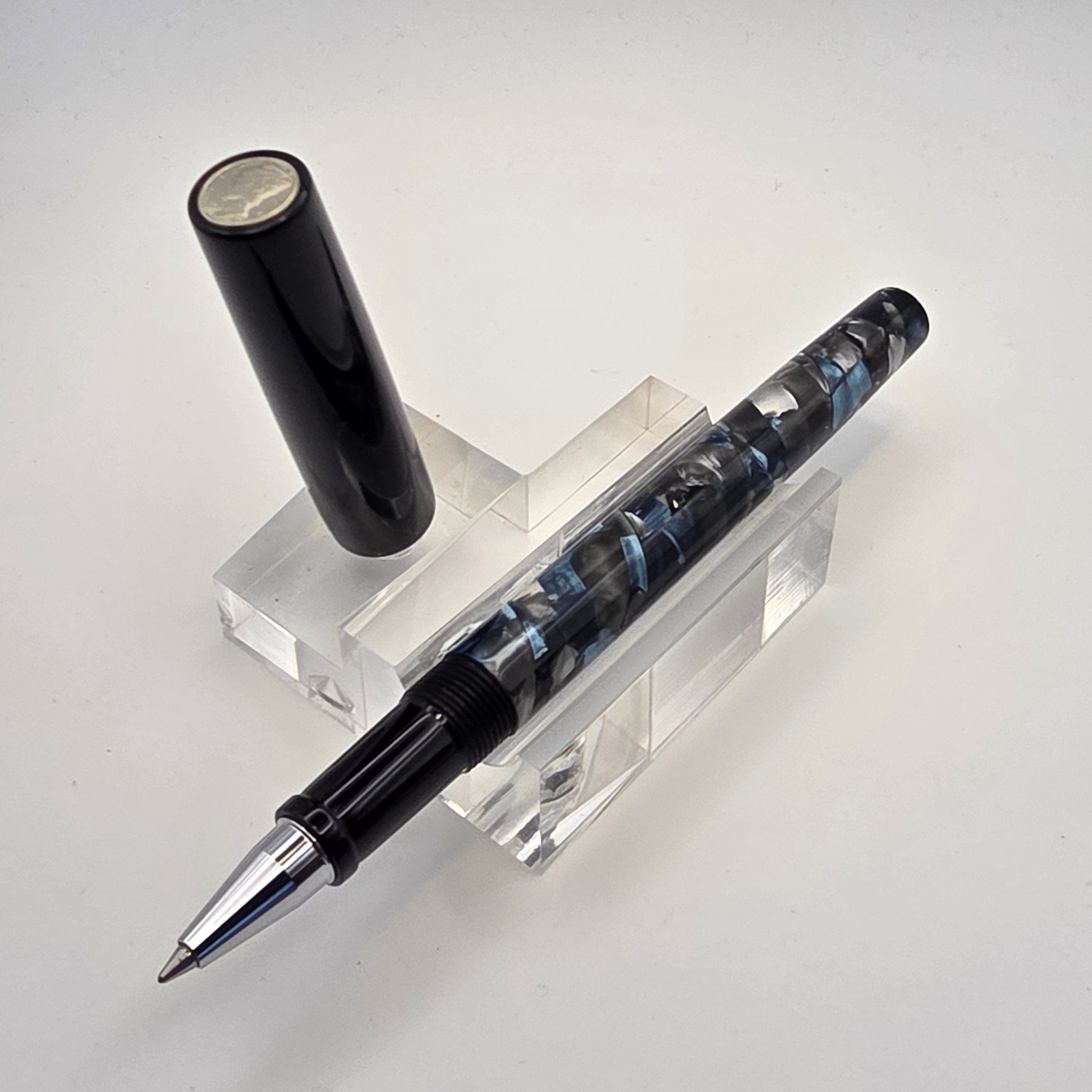 "Blue & Silver Crushed Cellulose Acetate" - Mercury Convertible Fountain Pen / Rollerball - DaveDollarCustomPens