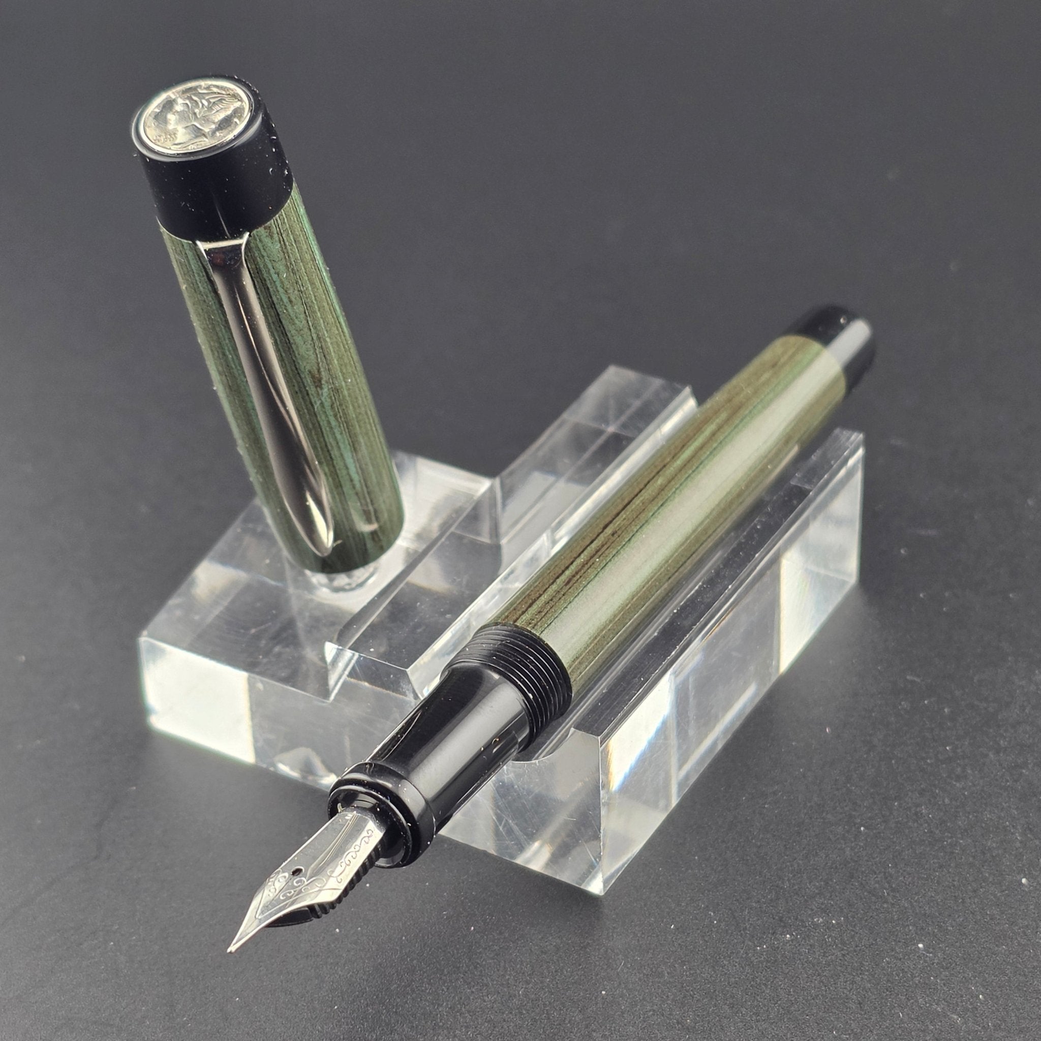 "Pale Green & Black" - Mercury Convertible Pocket Fountain Pen / Rollerball with clip - DaveDollarCustomPens